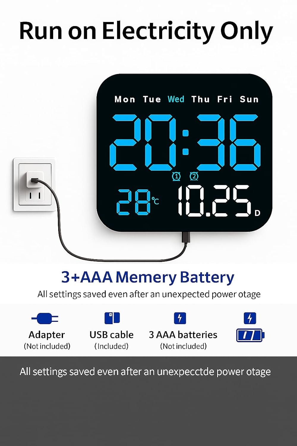 9-Inch Plastic Digital Alarm Wall Clock, LED Display with Date, Temperature, Day of Week, Auto Dimm